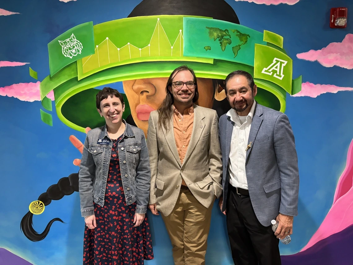 Director Jan Lauren Boyles, Assistant Professor Josh Anderson and former Ak-Chin Indian Community Chairman Robert Miguel at the University of Arizona School of Journalism on Nov. 13, 2025.